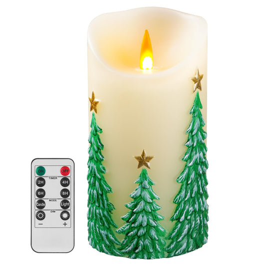 QQFCTOO Christmas Tree Flameless Candles with Flickering Flame - Battery Operated Candles with with Remote Control and Timer - Real Wax - unscented - Home/Holiday Decoration (3" x 6 ")