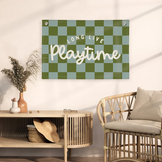 XYDEG Playroom Decor Long Live Playtime Banner, Green And Blue Checkered Pattern Banner Linen Hanging Banner Flag for Nursery Toddler Room, Boys Girls Kids Room Decor,Classroom Decorations 30x20