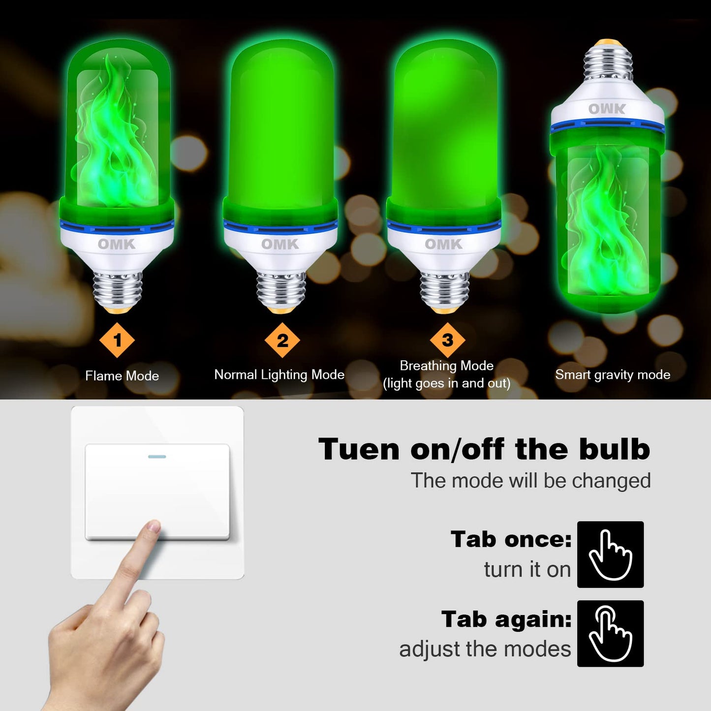 OMK - LED Christmas Decorations Flame Effect Light Bulbs - Upgraded 4 Modes Two-Tone Fire Simulated Lamps - Holiday/Christmas Gifts/Party/Indoor/Outdoor Decoration Lights (2Pack)