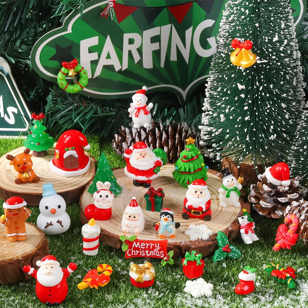 DIYDEC 32Pcs Christmas Miniature Figurines, Mini Resin Figurines to Hide Small Resin Santa Claus Snowman Xmas Trees Animals for Xmas Goodie Bag Fillers Winter New Year Holiday Party Favors Decorations