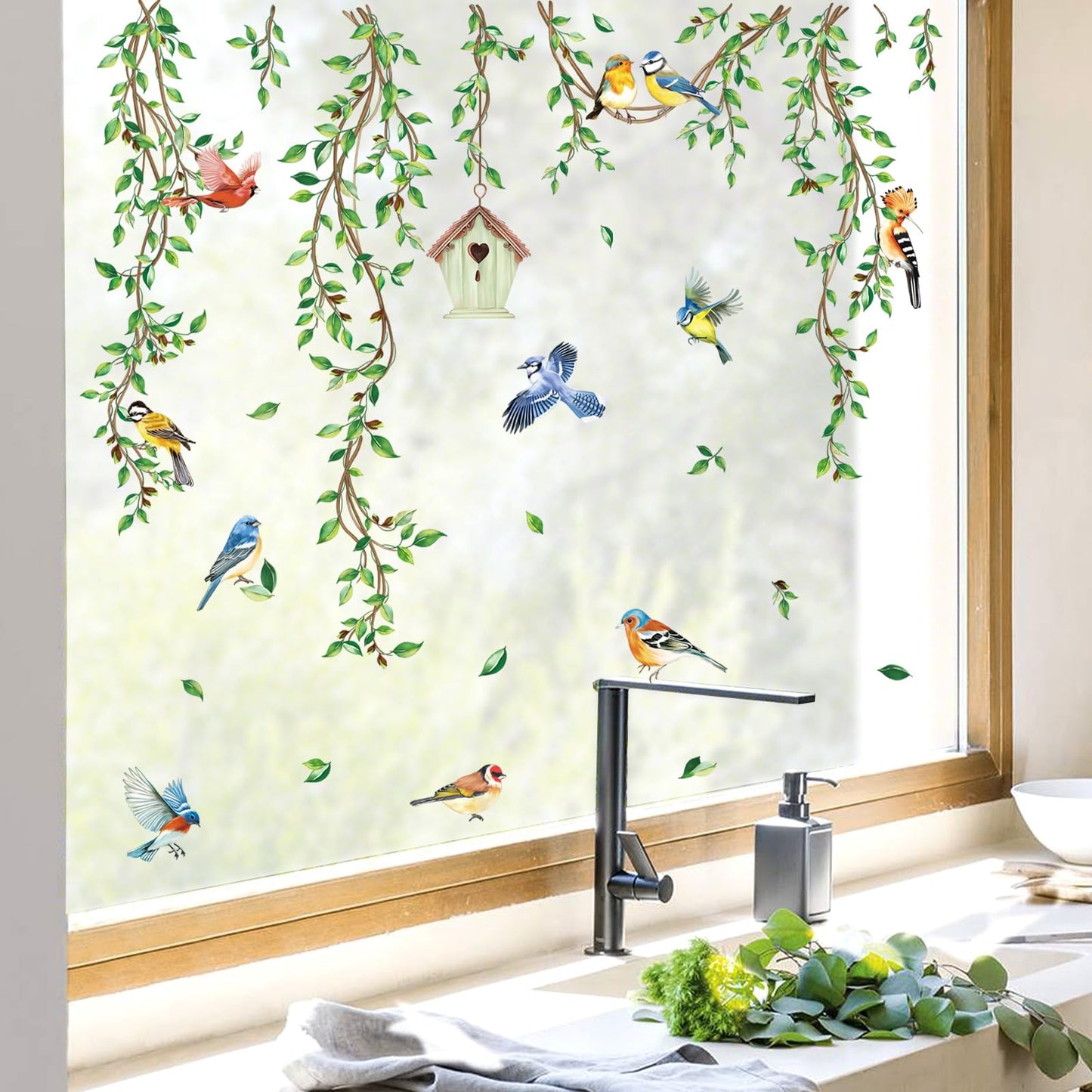 decalmile Spring Summer Hanging Green Vine Window Clings Double Sided Birds Tree Leaves Window Decals Anti-Collision Doors Glass Stickers