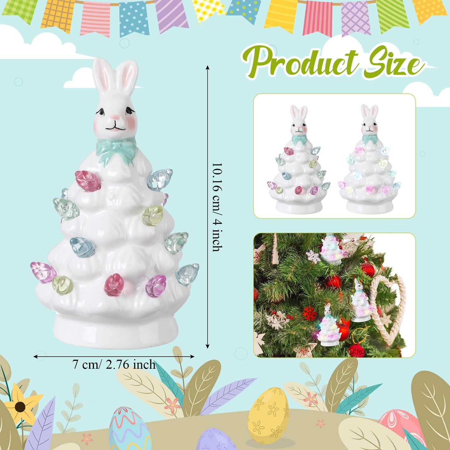Leinuosen 6 Set Mini 4 Inch Easter Bunny Ceramic Tabletop Tree with LED Lights Easter Bunny Hanging Light up Hanging Ornaments Pre Lit Hand Painted for Table Home Office Holiday Decorations