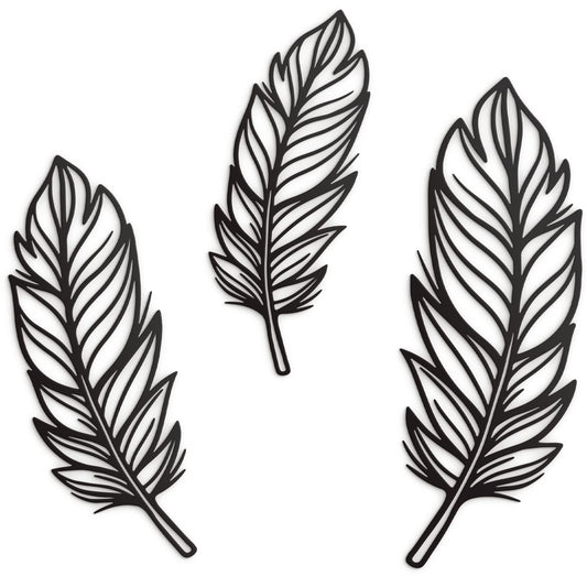 Vivegate 3 PCS Metal Feather Sign Metal Wall Decor - 17"X17" 3 PCS Black Modern Beautiful Boho Feathers Farmhouse Metal Wall Signs for Hanging Any Room Wall Art Decor