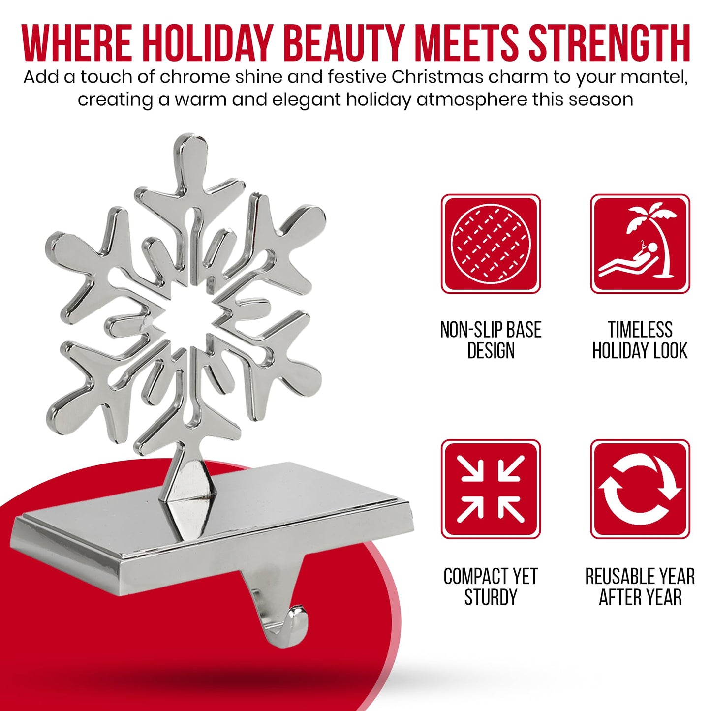 Iconikal 4-Pack Stocking Holders Christmas Chrome Metal Snowflake Weighted for Mantle, Holiday Fireplace Hangers
