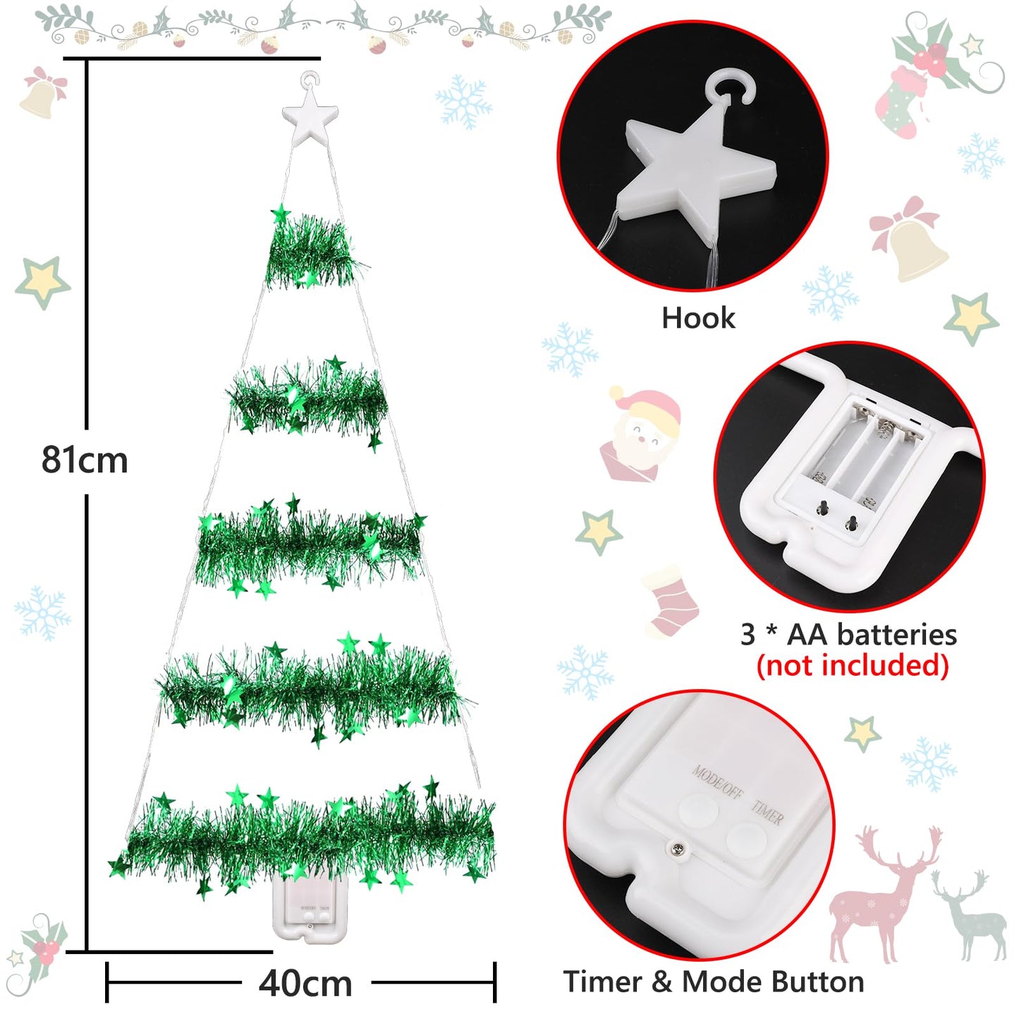 Toodour Christmas Decorations Indoor Lights, 2.65ft LED Christmas Lights, Red & Green Wall Window Hanging Light, Battery Operated Holiday Decoration for Outdoor Garden New Year Home Decor