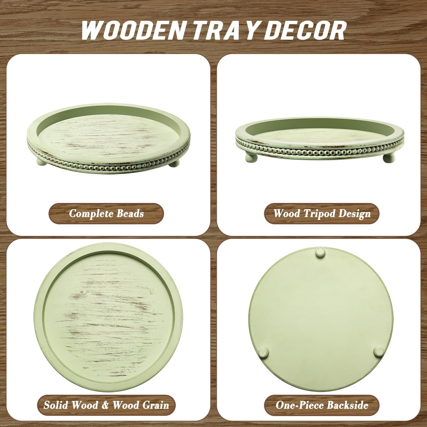 KULEDM Handmade Wooden Decorative Tray, Small Beaded Coffee Table Tray Decor, Sage Round Serving Tray for Coffee Table, Dining Room Table Entryway and Living Room Table