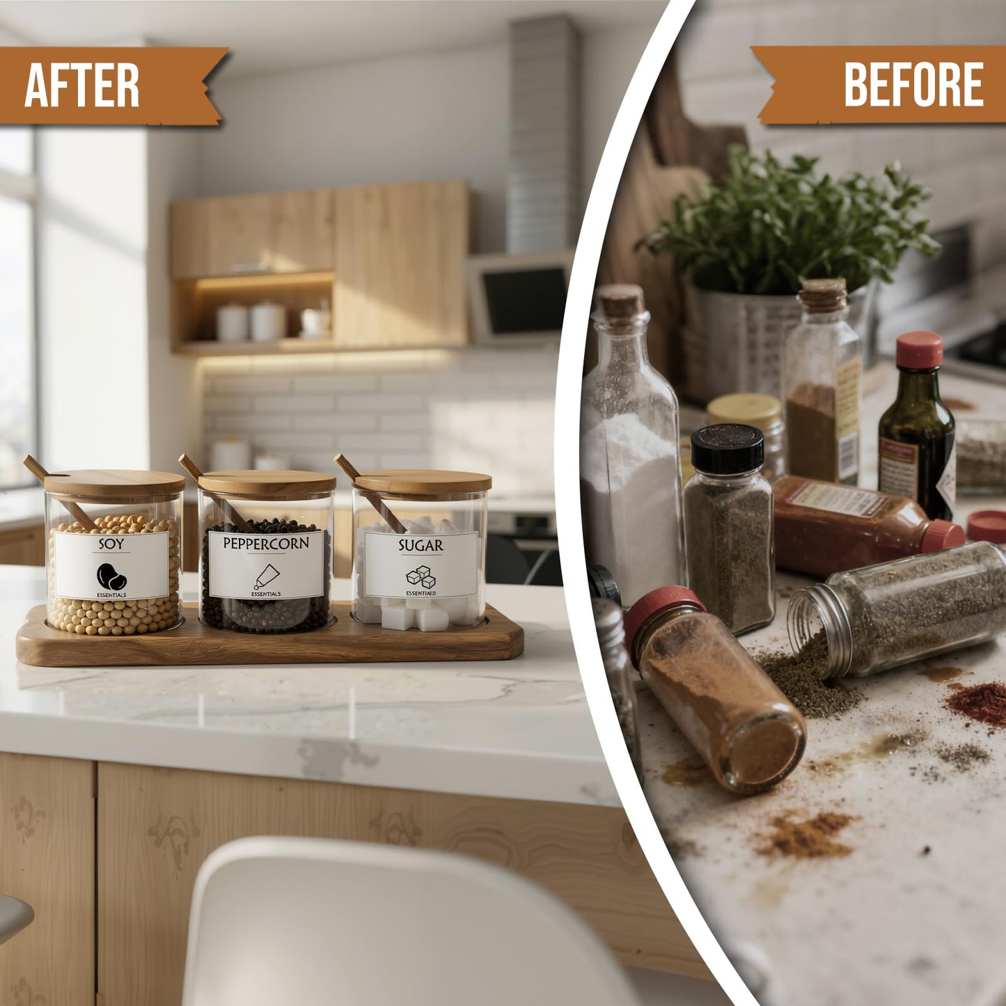 JEORGU 3 Pcs Glass Spice Jars with Acacia Wood Lids & Spoons, 350ml Seasoning Containers with Tray, Clear Sugar Salt Pepper Jars with 9 Labels, Classic Kitchen Countertop Storage Set (Acacia Wood)