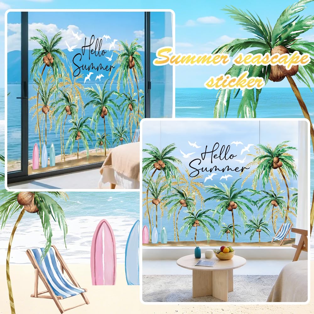 Heirloom Haven Extra Large Hello Summer Window Clings, Summer Sun Beach Window Removable Double Sided Coconut for Glass Windows Home Store Decor