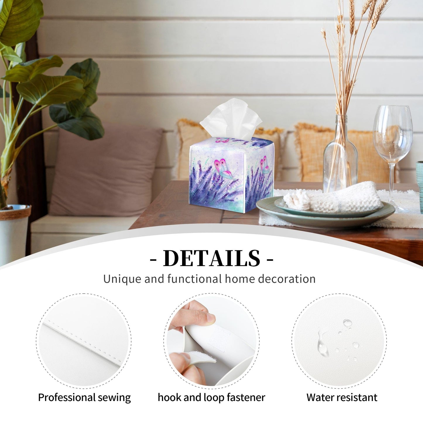 Purple Lavender and Butterfly Tissue Box Cover Square,Watercolor Lavender Flowers Tissue Box Holder Waterproof Leather Facial Paper Organizer Dispenser for Bathroom Home Car Nightstand Vanity Desk