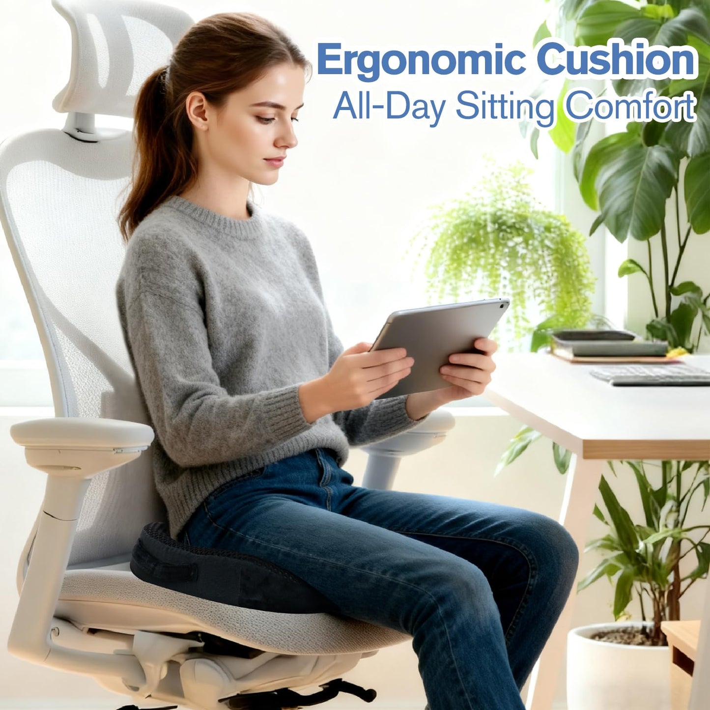 Mureon Seat Cushion for Office Chairs, Large Memory Foam Cushion for Car, Pressure Relief Ergonomic Chair Cushion with Non-Slip Cover for Soft Support for Hip All Day Comfort - Black
