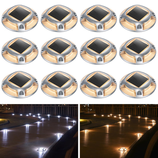 AGPTEK Solar Driveway Lights Outdoor 12 Pack, 2 Color Modes LED Deck Dock Marine Waterproof Driveway Marker Lights for Step Sidewalk Stair Garden Pathway Walkway Yard (Warm White/Cool White)