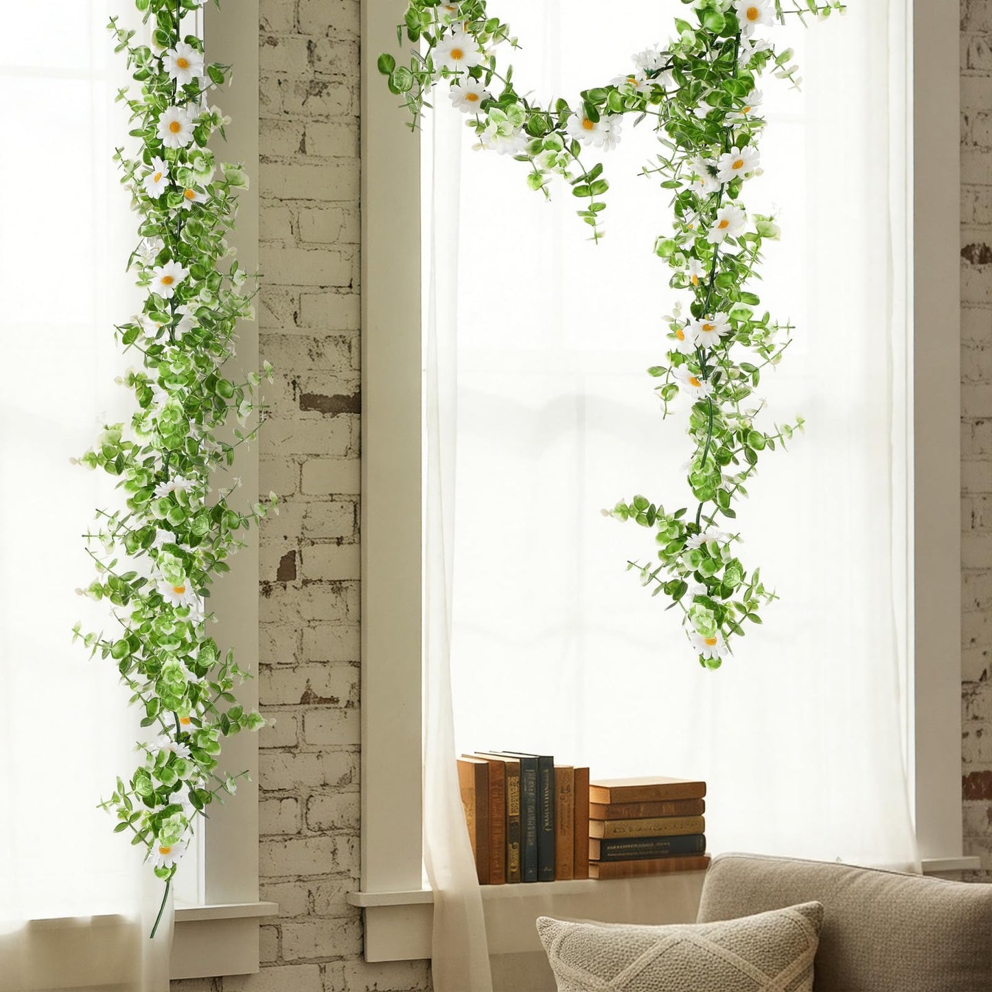 Norme 2 Pcs 6 Ft Artificial Daisy Garland with 100 Fake Flowers Hanging Vine Spring Garland Floral for Decorating Wedding Baby Shower Summer Window Mantle Staircase Farmhouse Table Centerpiece(White)
