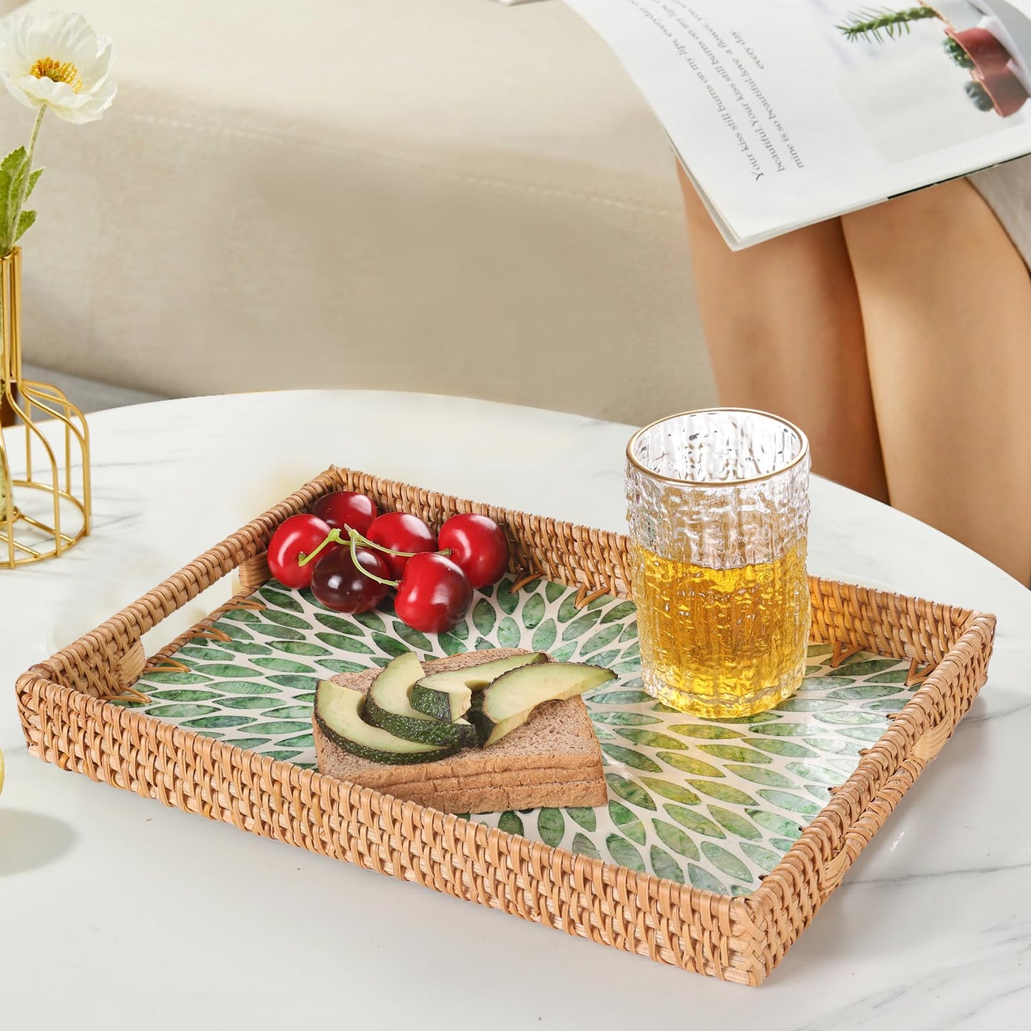 Tynulox Rectangle Rattan Tray with Mother of Pearl Inlay, Rattan Serving Tray with Handle for Coffee, Bread, Fruits, Snacks, Decorative Wicker Tray for Table Decor (Rectangle Green Leaf, 13"×9")