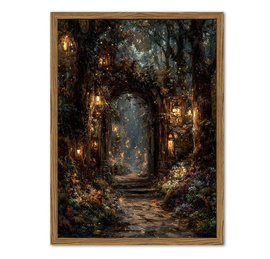 Vintage Mystical Woodland Wall Art Enchanted Fairy Portal Forest Wall Decor Painting, Cottagecore Garden Archway Poster Canvas Print Picture for Living Room Bedroom 12x16 inch Wood Framed