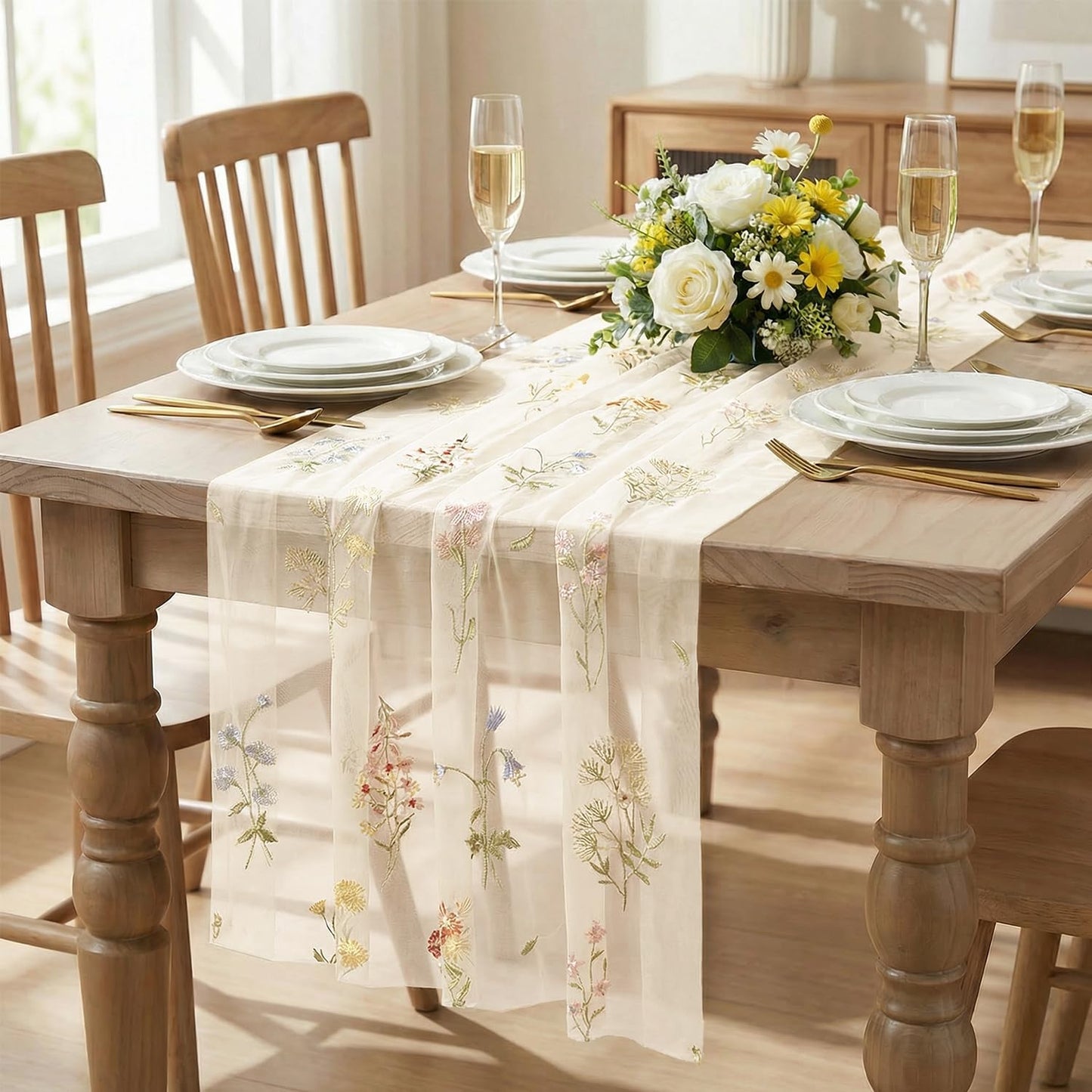 Artoid Mode Wildflower Floral Beige Apricot Gauze Embroidery Table Runner 120 Inch 10FT, Tulle Seasonal Spring Kitchen Dining Table Decor for Home Party