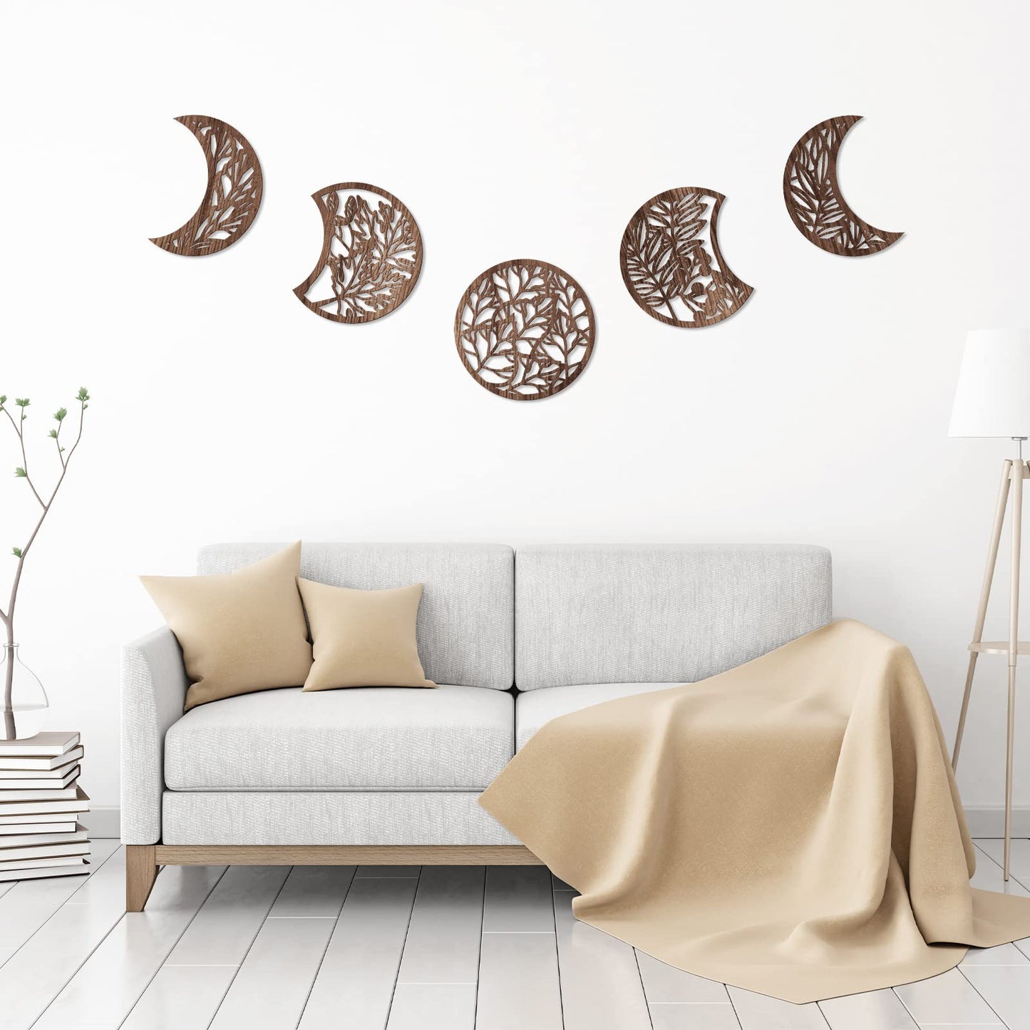 Jetec 5 Pcs Moon Phase Wall Art Decor Wall Pediments Hanging Wooden Phase Spiritual Bedroom Nordic Boho Lunar Aesthetic Art for Living Room Dorm Apartment Ornament(Brown,10.6 Inch,Botanical)