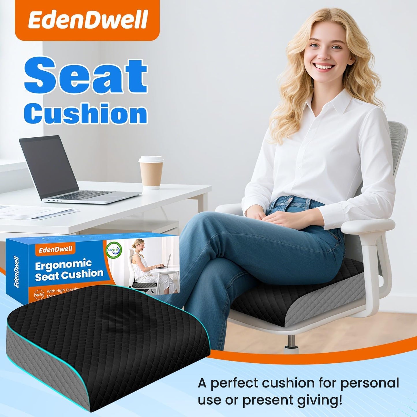EdenDwell Seat Cushion for Office Chair, Memory Foam Chair Cushions, Car Seat Cushion for Long Sitting, Desk Chair Cushion for Pressure Relief, Non-Slip Bottom, Washable Cover, Large, Black