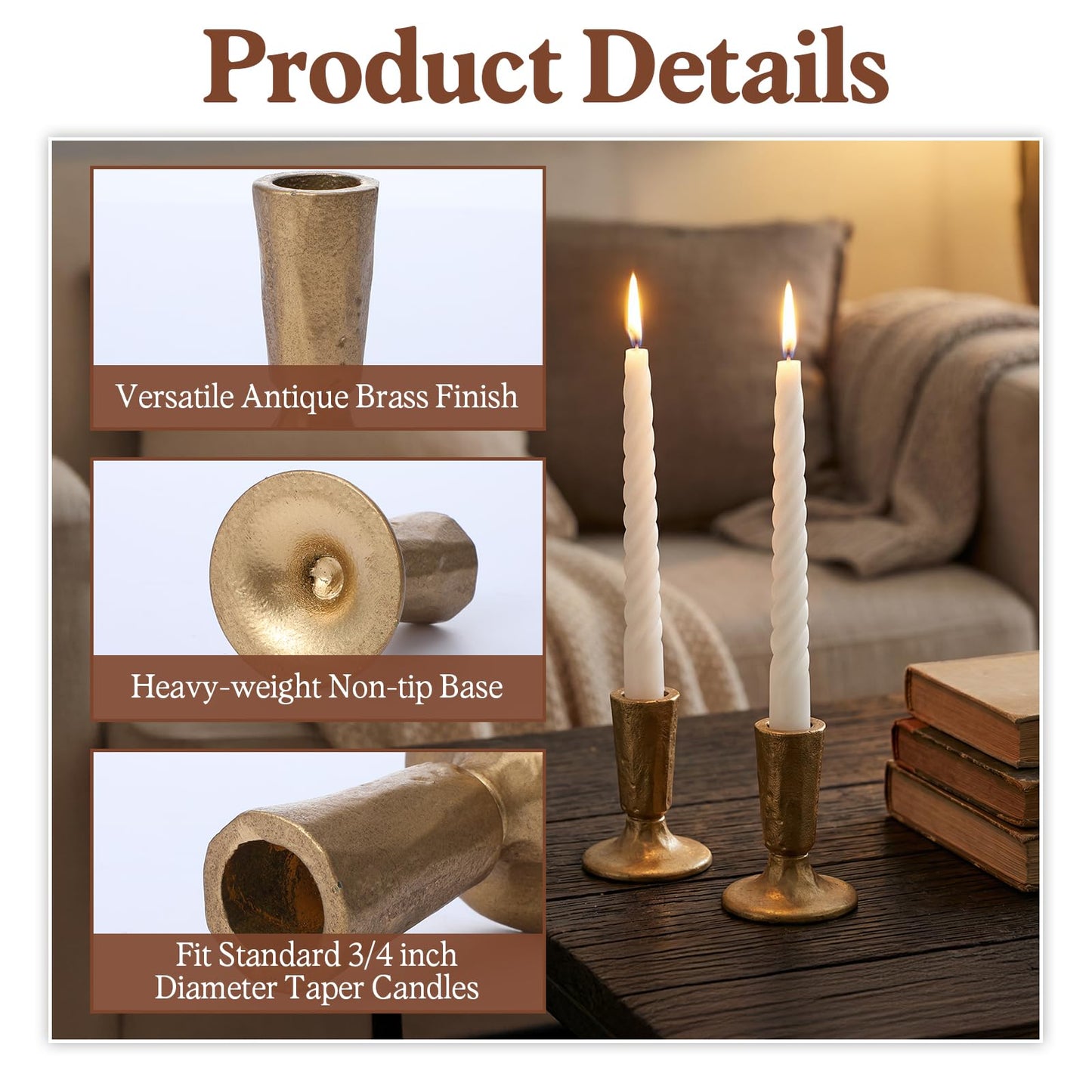 Handcrafted Antique Brass Taper Candle Holders, Set of 2 - Forged Iron Candlesticks for Weddings, Dining Table Centerpiece & Timeless Home Decor