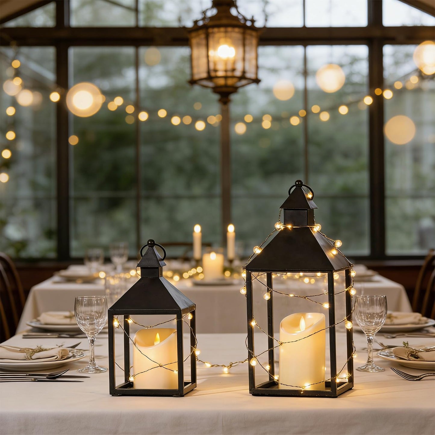 Sunnyfuture Lantern Decorative Outdoor/Indoor Set of 2 (15" & 11") Black Metal Candle Lanterns with Flameless, Farmhouse Decoration for Home, Porch, Garden, Mantle, Wedding