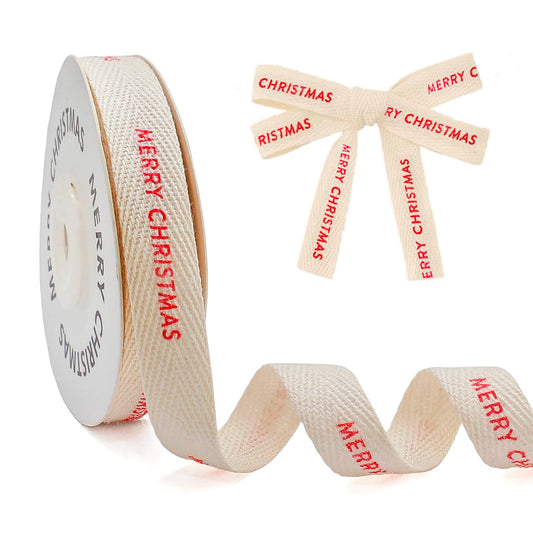 FQTANJU Merry Christmas Cotton Ribbon 5/8 Inch x 10 Yards Natural Twill Tape Herringbone Cotton Crafts Gift Wrapping Ribbon for Crafts Supplies Holiday Party Gifts Wrapping Xmas Ribbons