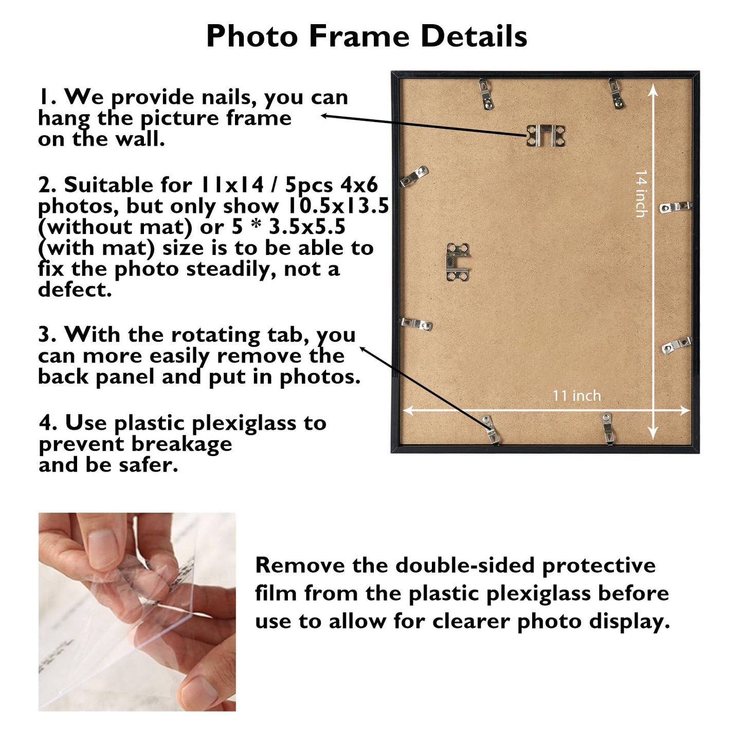 JCJMY 11x14 Picture Frame, 4x6 Collage Picture Frame, Display 5 Pcs 4x6 Photos or 11x14 Picture, Five Opening 4x6 Collage Frame for Wall Hanging, Lightweight 4 x 6 Multi Pictures Frame, Black