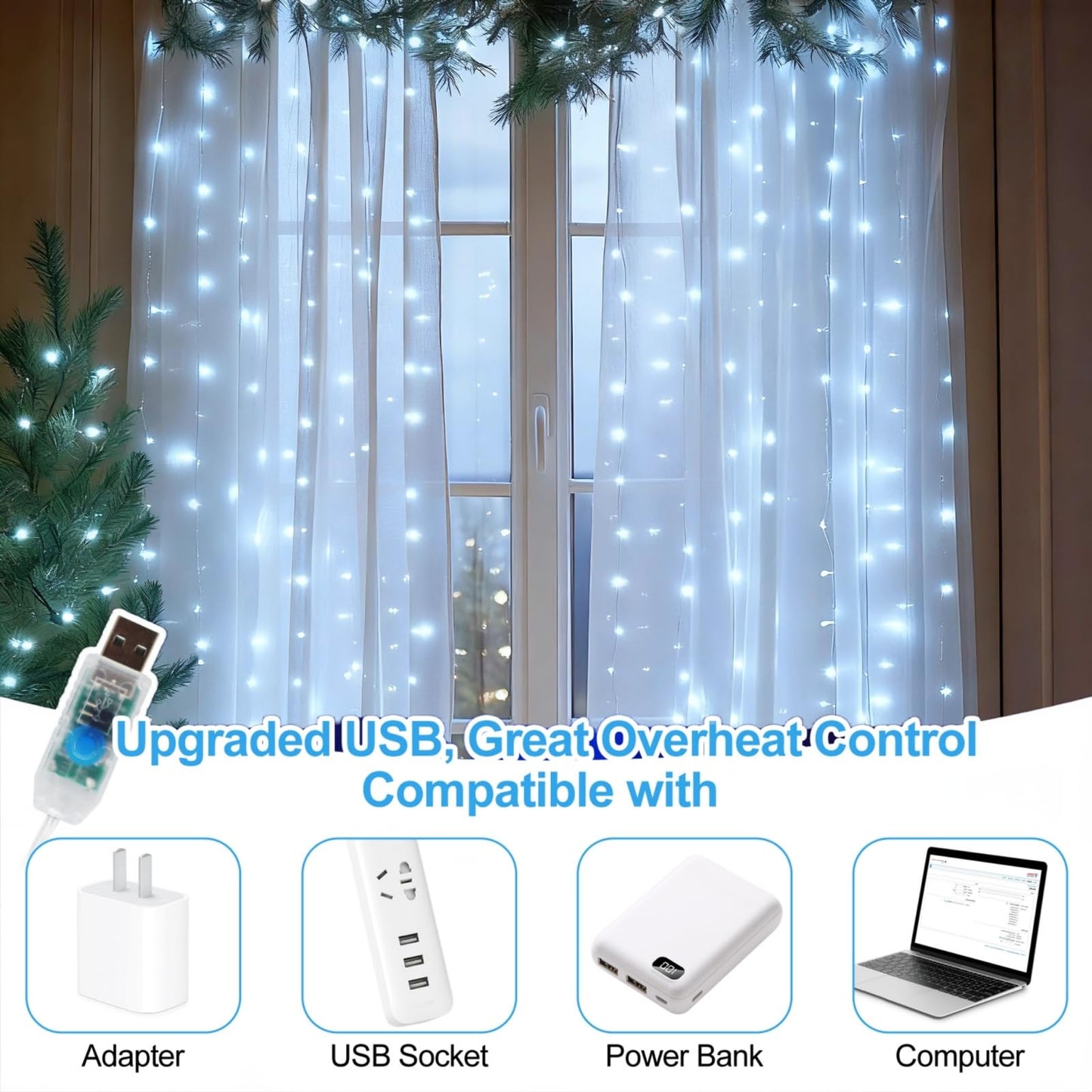 HOLITS Fairy Curtain Lights Upgraded Tangle-Free Cool White USB Plug in 8 Modes String Hanging Lights with Remote for Christmas, Bedroom, Indoor, Outdoor, Weddings, Party (6.6FTx6.6FT)