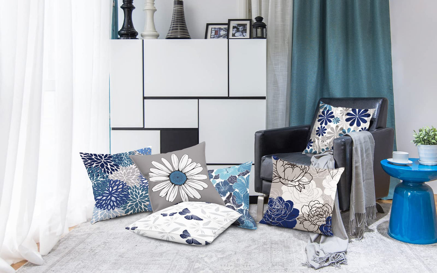 COMMINY Blue Grey Pillow Covers 18x18 Set of 6 Decorative Daisy Flower Throw Pillow Cover for Couch Modern Pillow Case for Patio Living Room Cushion Bed Farmhouse Home Decor