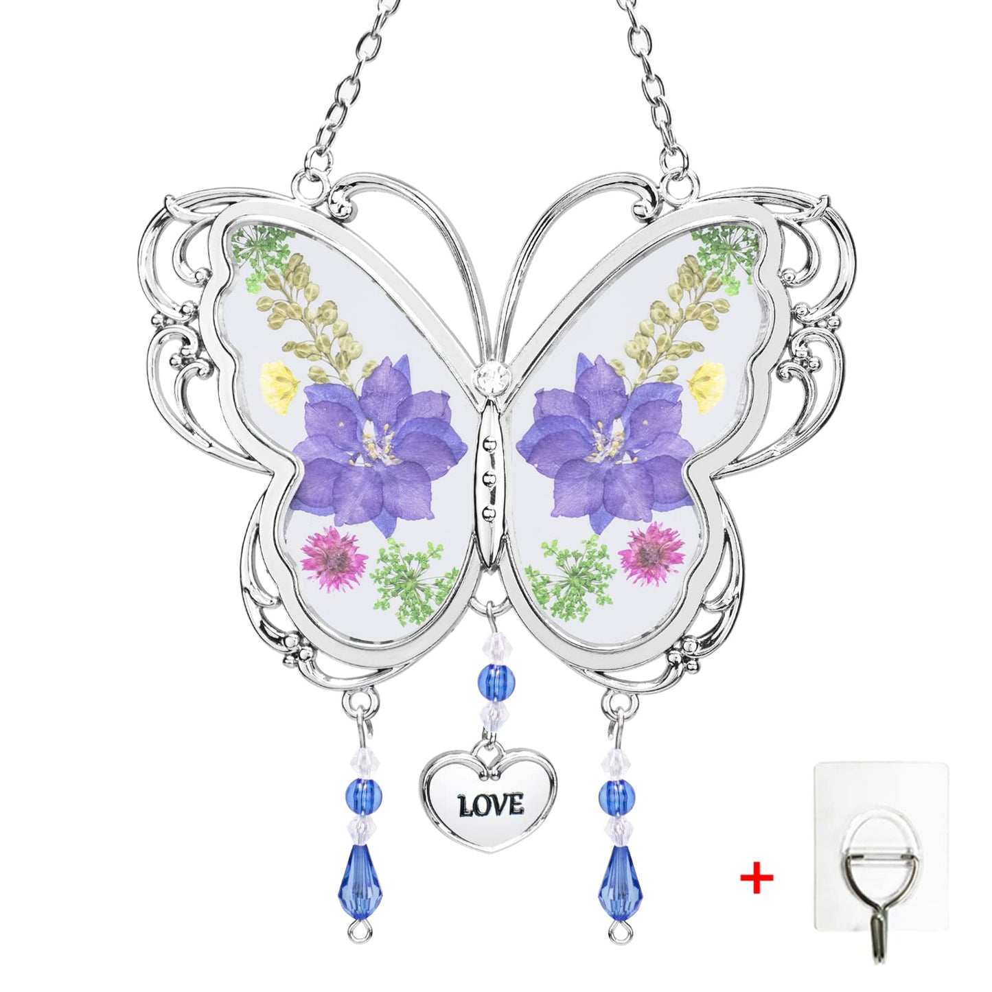 BOGDAN Crystal Butterfly Suncatcher with Pressed Flower Wings Mom Mother's Day Butterfly Glass Wind Chime Ornament Charm with Metal Heart Happy Birthday Gifts for Mom Grandma with Free Hook (Love)