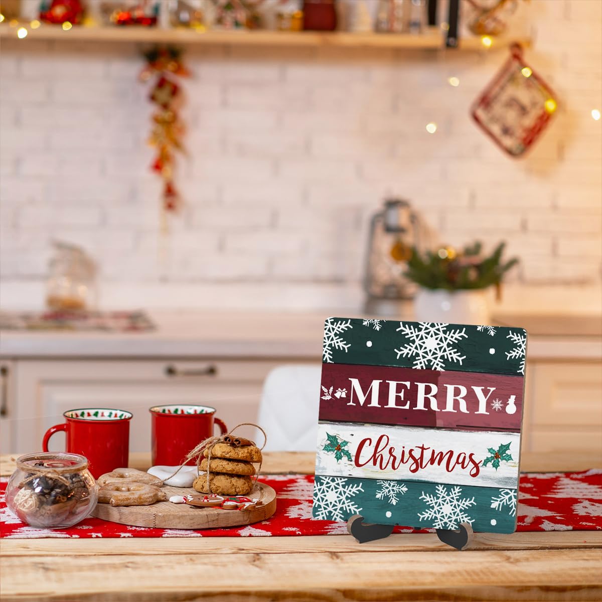 Christmas Wood Plaque With Stand, Merry Christmas Desk Sign Decor for Farmhouse Home Office Table Shelf, Rustic Xmas Wood Sign Gifts for Women Men -07