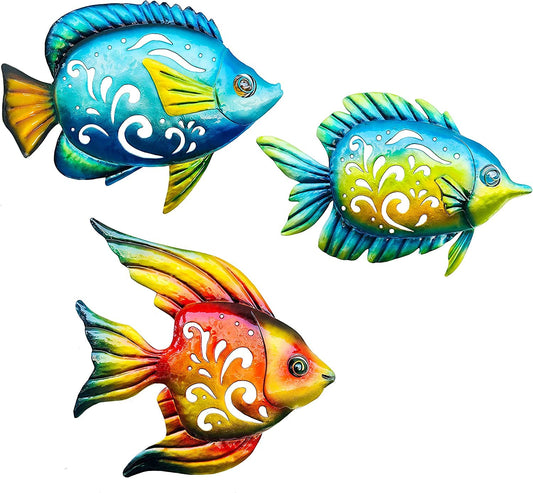 Weibefee Coastal Wall Decor, Ocean Sea Metal Fish Wall Mother's Day Decor, Hanging Wall Art Mother's Day Decorations Gift for Indoor Outdoor, Beach Nautical Tropical Fish Wall Sculpture for Pool Bathroom Bedroom Patio
