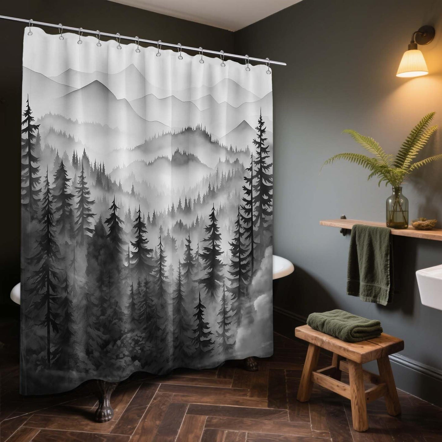 QGHOT Mountain Shower Curtain Black and White Forest Nature Shower Curtains for Mens Bathroom Charcoal Grey Rustic Woodland Pine Tree Cool Bath Decor Sets, Waterproof Fabric with Hooks, 70x72in
