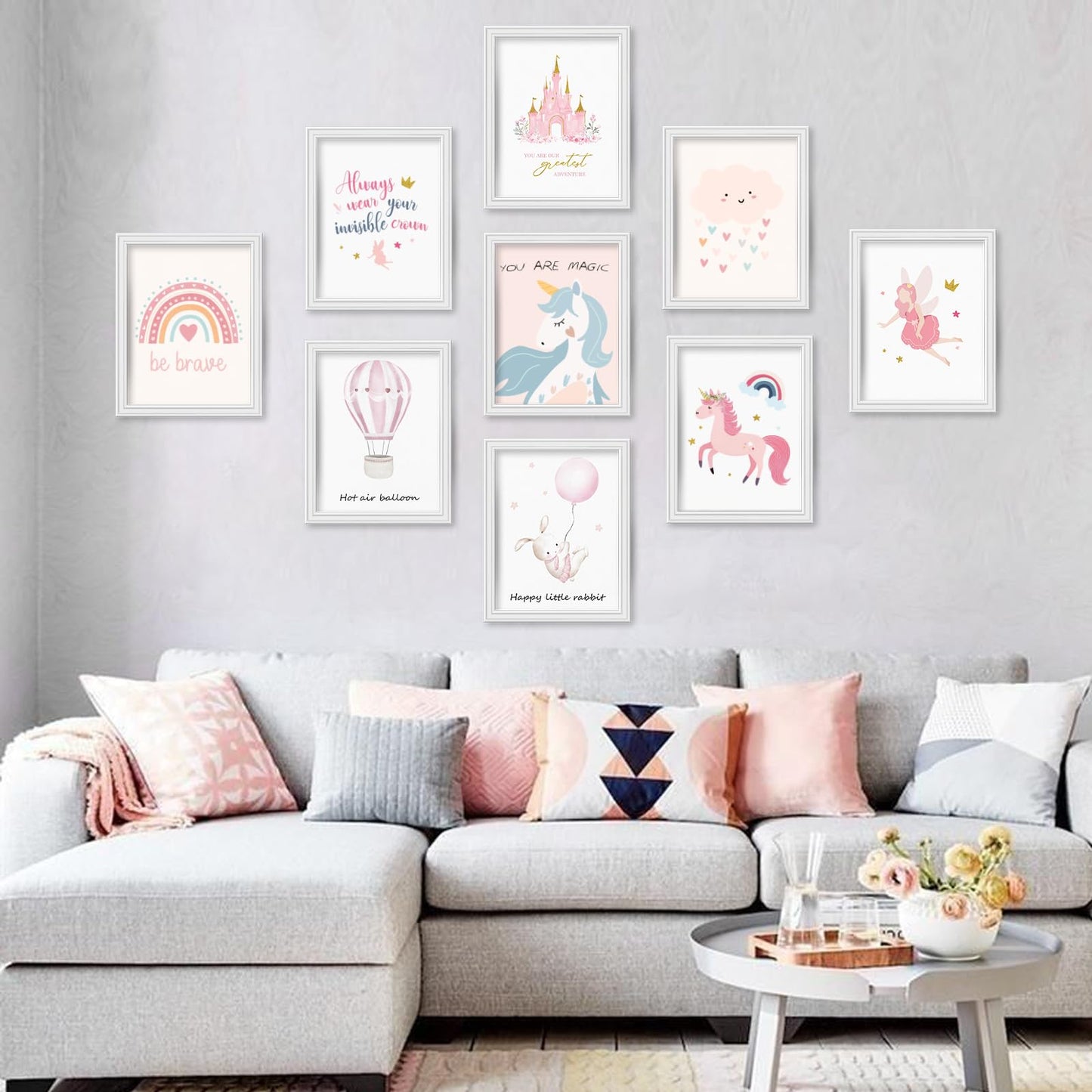 JJY 9 Pcs Cartoon Castle Wall Art Decor for Girls Room -Inspirational Rainbow Wall Art Prints -Whimsical Rabbit & Hot Air Balloon Wall Decor Posters Aesthetic for Kids Room Lovely Gift (Unframed)