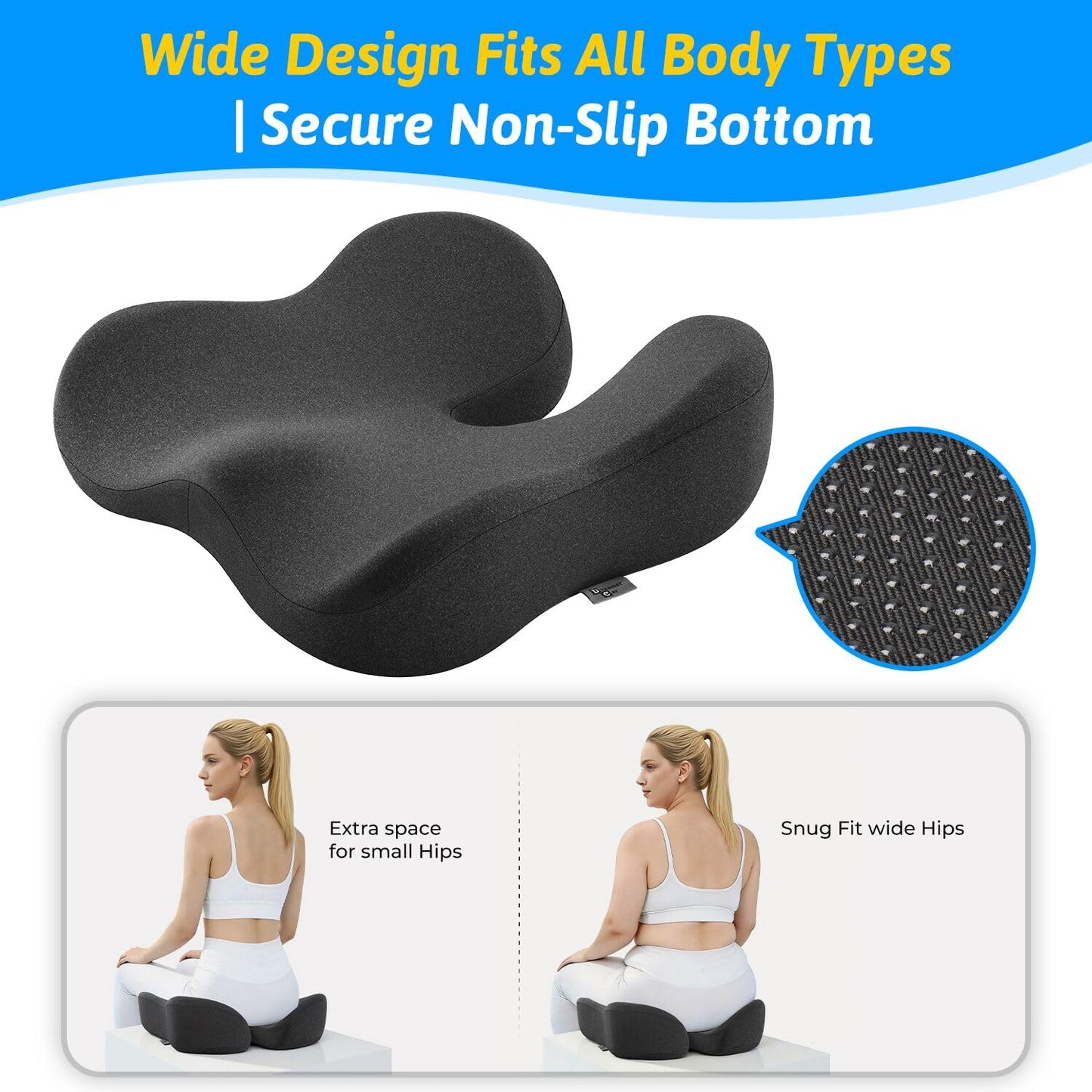Seat Cushion for Tailbone & Sciatica Pain Relief – Certified & Ergonomist-Designed – Tapered Front Edge Reduces Thigh Pressure – Wide Memory Foam for Office Chair, Car, Wheelchair (Gray)