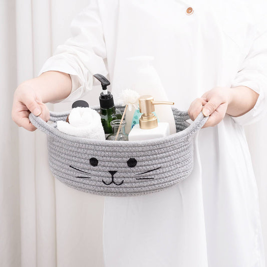 HiChen Small Woven Rope Storage Basket, Cute Cat Toy Basket for Living Room, Baby Baskets for Nursery, Gift Baskets Empty for Baby Shower, Grey, 9.8 x 4 inches