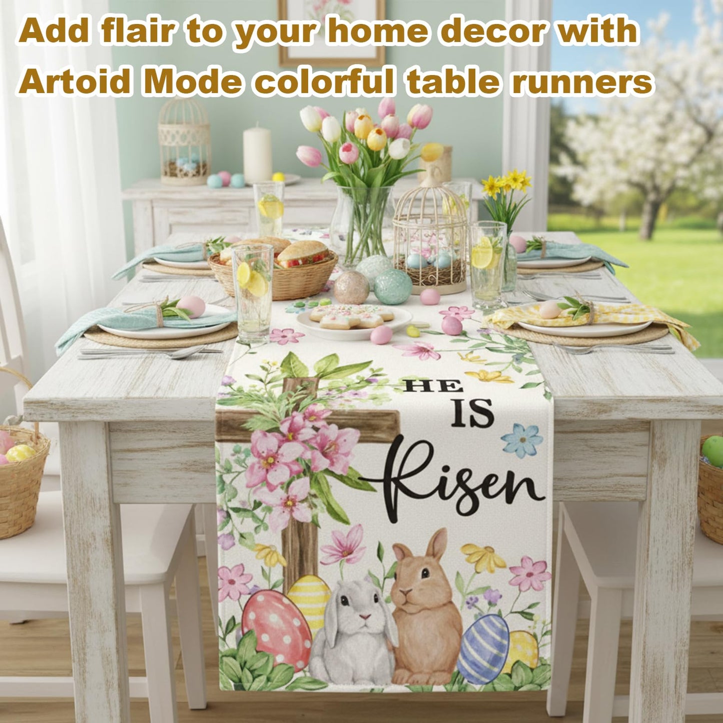 MIRJXB Easter Table Runner, Seasonal Spring Kitchen Dining Table Decoration, Holiday Party Table Setting for Home Decor, 1 Piece Table Runner for Family Gatherings