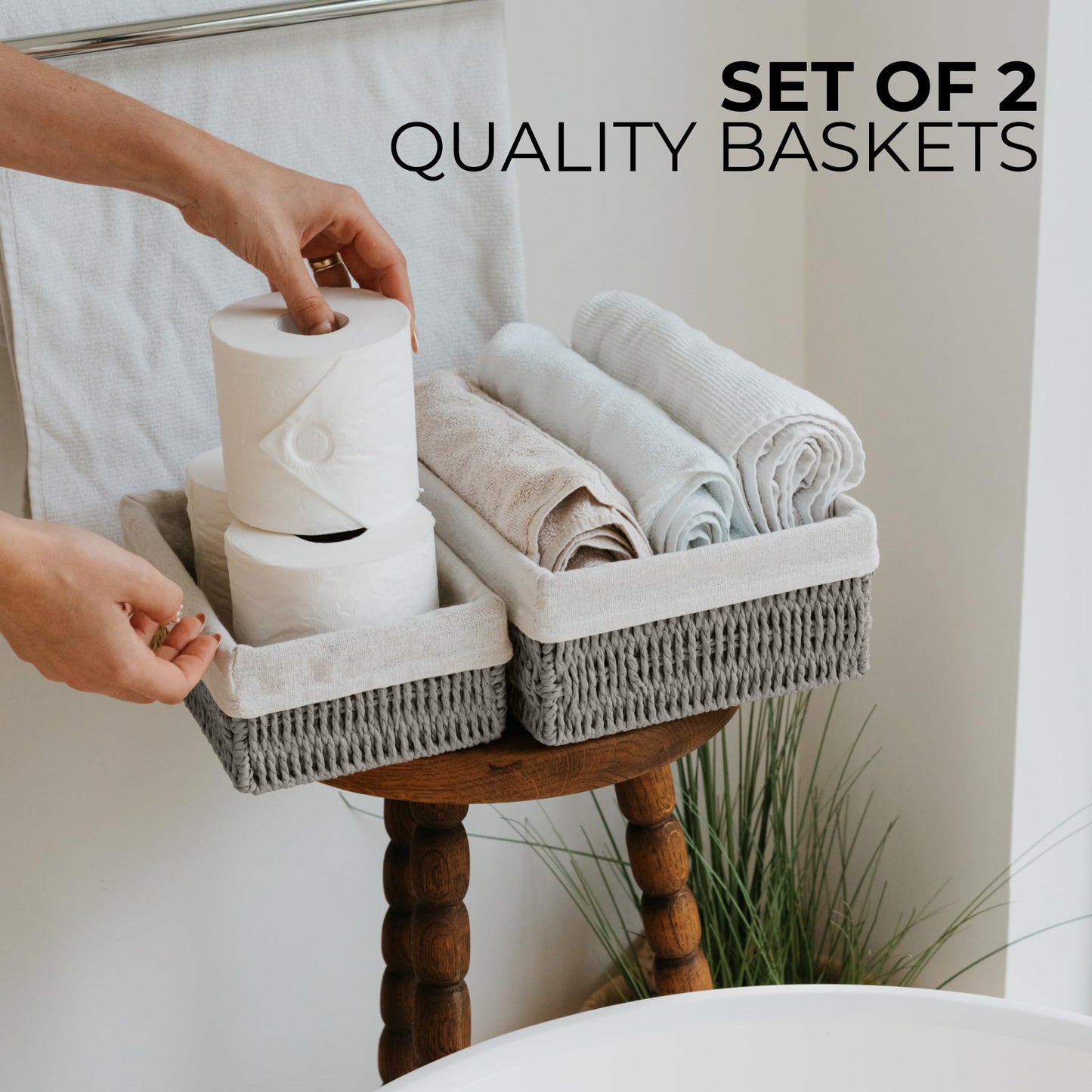 Beautiful Toilet Paper Storage Basket Set of 2 – Decorative Wicker Bathroom Organizer for Toilet Tank Trays - Quality Holder Bin for Shelves Fits Perfectly with Any Bathroom Decor
