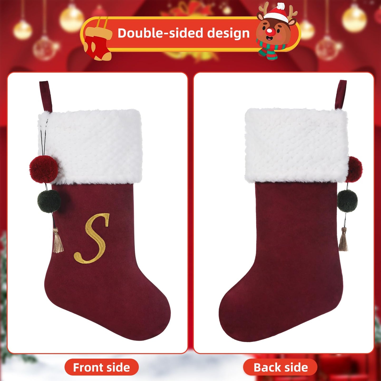 Pxniy 19.5 inches Personalized Velvet Christmas Stocking,Initials Embroidered Letter Christmas Stocking with pom poms, for Fireplace Hanging Decor and Xmas Gift(Burgundy J)