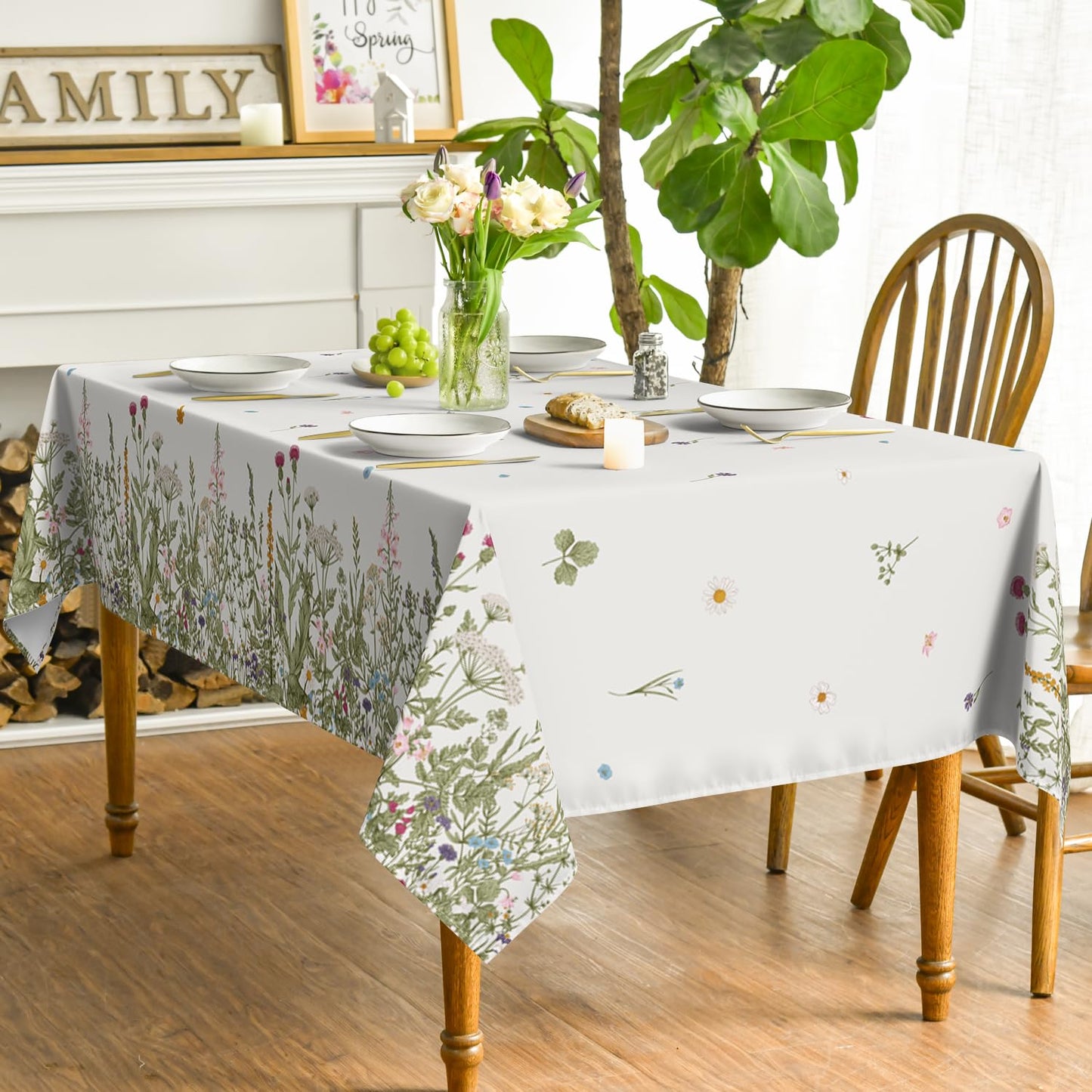 Horaldaily Spring Summer Tablecloth 60x120 Inch Rectangular, Wild Flowers Floral Table Cover for Party Picnic Dinner Decor