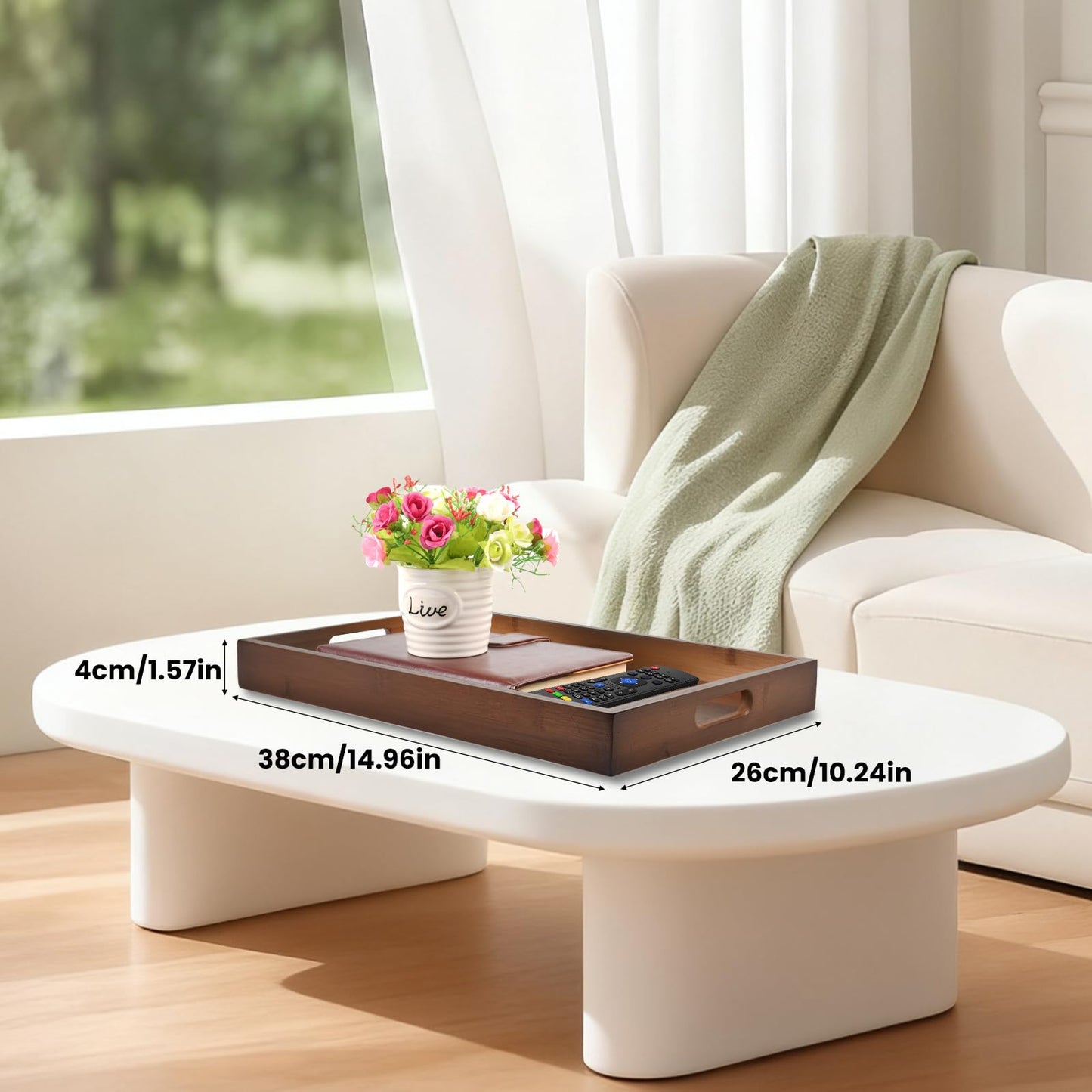 Bamboo Wood Serving Tray with Handles(14.96x10.24x1.57 inches) – Elegant Decorative Platter for Breakfast in Bed, Lunch, Dinner, Appetizers, BBQ, Parties & More – Perfect for Couch and Drawing Room.