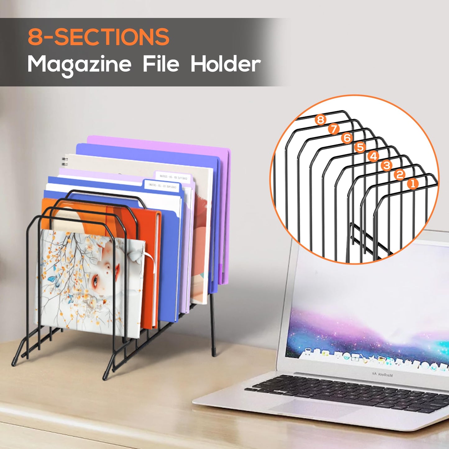 Gawerk Incline Metal Desk Magazine Folder Holder, Sorter Desk File Organizer with 8-Section Vertical Compartments Rack File Organizer for Office, Home, School (2 Pack)