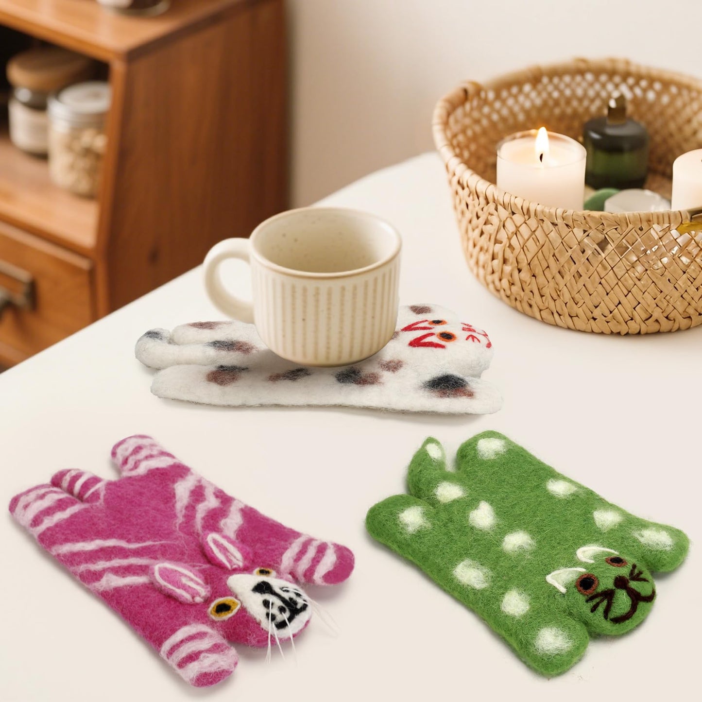 Handmade Wool Felt Cat Coasters Set - 3 Adorable Cats - Shaped Drink Coasters,Non-Slip Cup Mats for Cat Loves, Cute Kitty Design for Coffee Table, Desk, and Home Decor (Eco-Friendly & Absorbent)