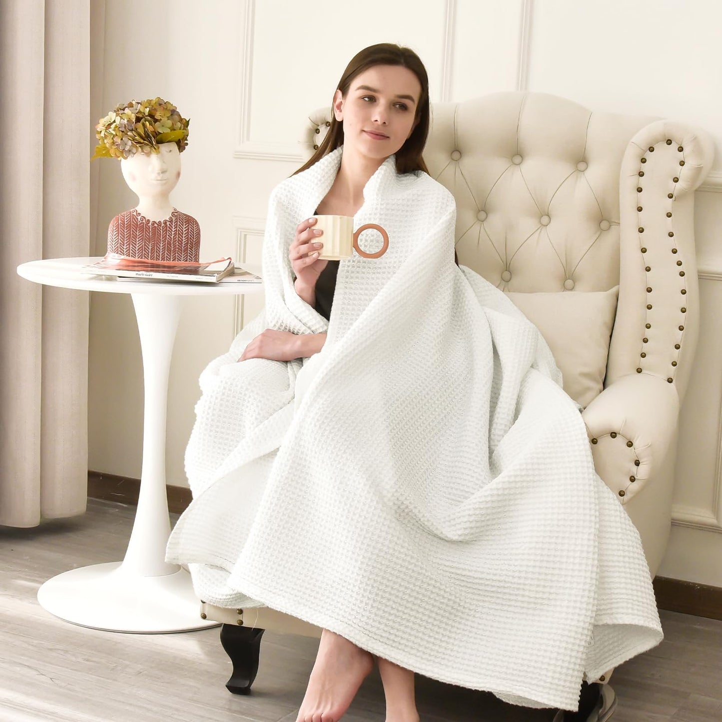 PHF Pre-Washed Cotton Waffle Weave Blanket Throw Size for Couch Bed,Snag Proof Spring Summer Lightweight Breathable,Oeko-TEX Certified,Machine Washable, Home Decor Gift，Cream