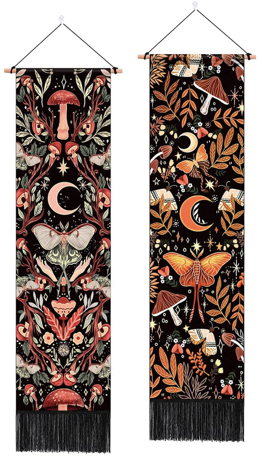 ARTCREATOR Pack of 2 Mushroom Wall Hanging Decor, Hippie Room Decor, Cottage Core Decor Moon Boho Tapestry Moth Plant Tapestries for Bedroom Aesthetic Alt Room (12.8 x 51.2 inches)