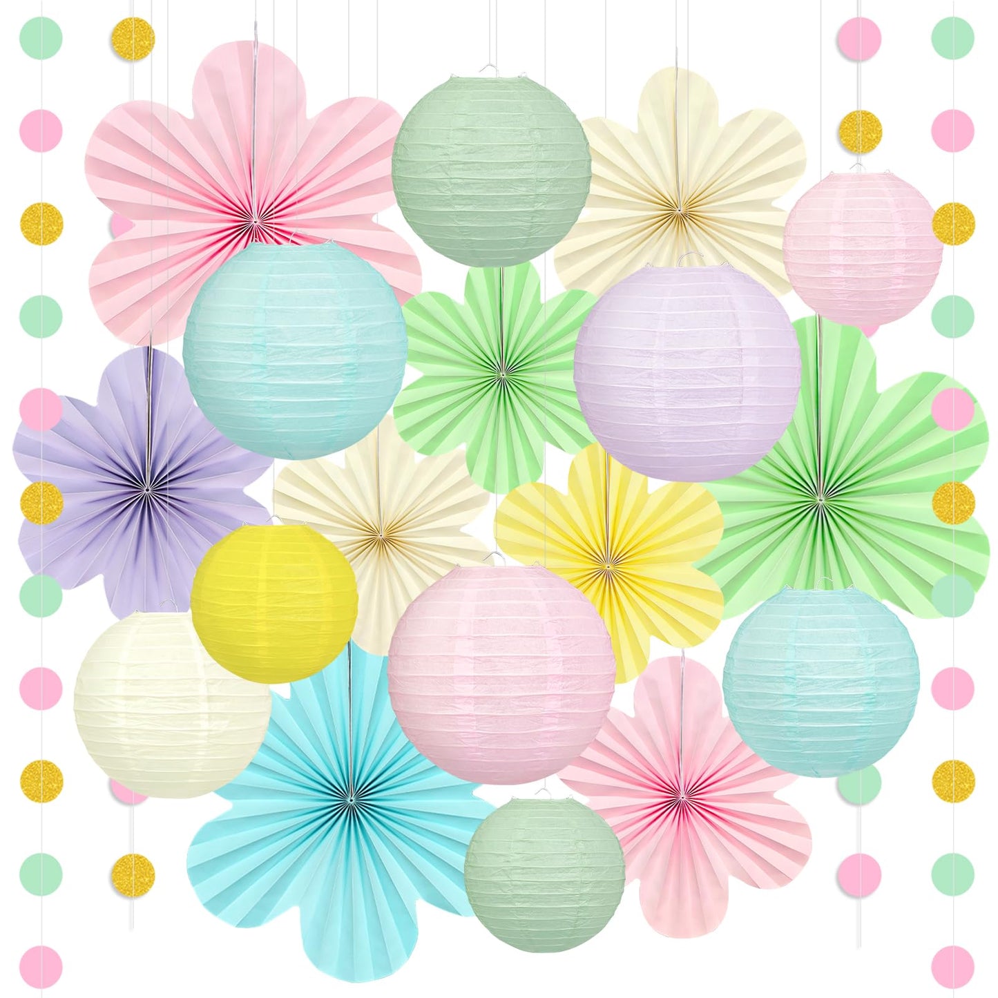 Spring Hanging Decorations - 20Pcs Pastel Party Decorations | Paper Lanterns & Flower Fans Set with Glitter Garland for Pastel Classroom Decor, Office, Baby Shower, Wedding & Easter Wall Decor