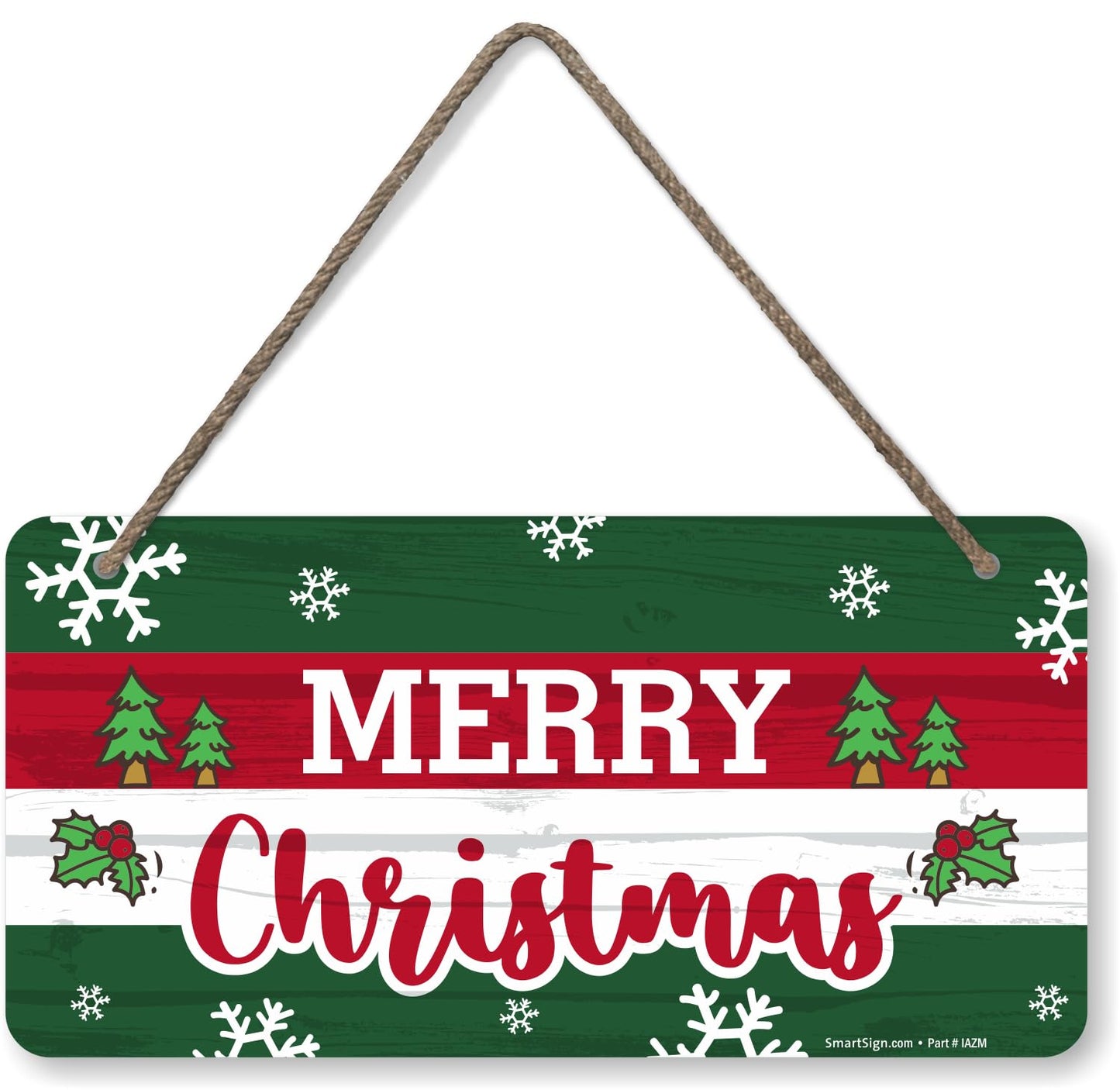 SmartSign 'Merry Christmas' Wooden Hanging Sign with Rope - 6"x12" Holiday Decor For Home/Cafe/Bar/Gifting, Snowflakes/Christmas Tree Prints on Rustic Background, USA-Made