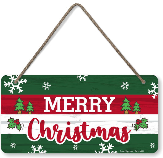SmartSign 'Merry Christmas' Wooden Hanging Sign with Rope - 6"x12" Holiday Decor For Home/Cafe/Bar/Gifting, Snowflakes/Christmas Tree Prints on Rustic Background, USA-Made