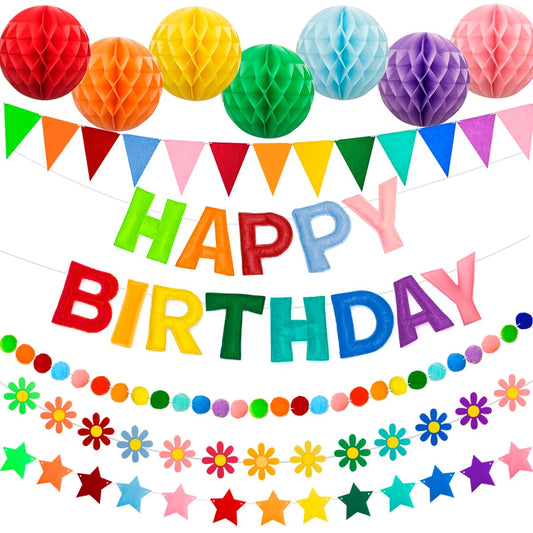 Pre-Strung 3D Happy Birthday Banner, 6 PCS Felt Reusable Birthday Decorations Set with Letter Banner, Pom Pom, Star, Sunflower Garland, Triangle Flag and Honeycomb Balls, Rainbow Decor Sign Photo Prop