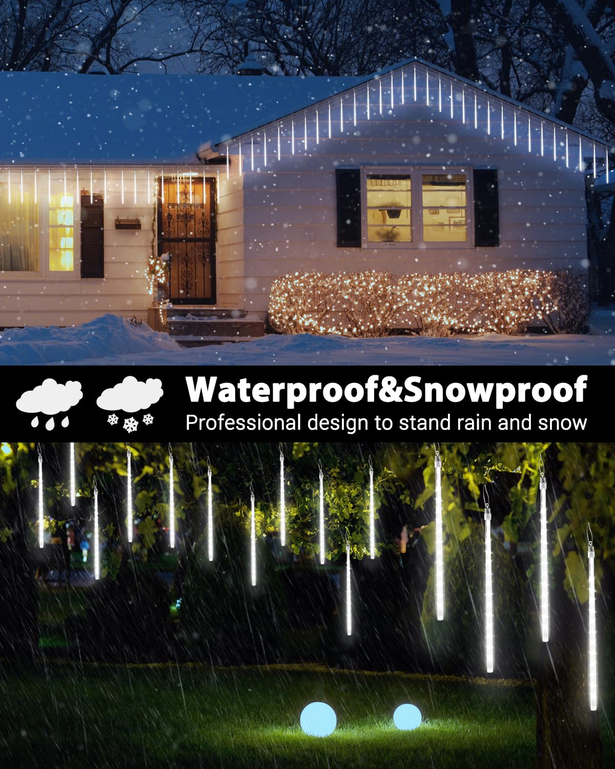 Flacchi Cool White 20 Tubes Meteor Shower Icicle Lights 480 LED Raindrop Lights with Timer Function Cascading Falling Rain Light for Holiday Party Christmas Decorations