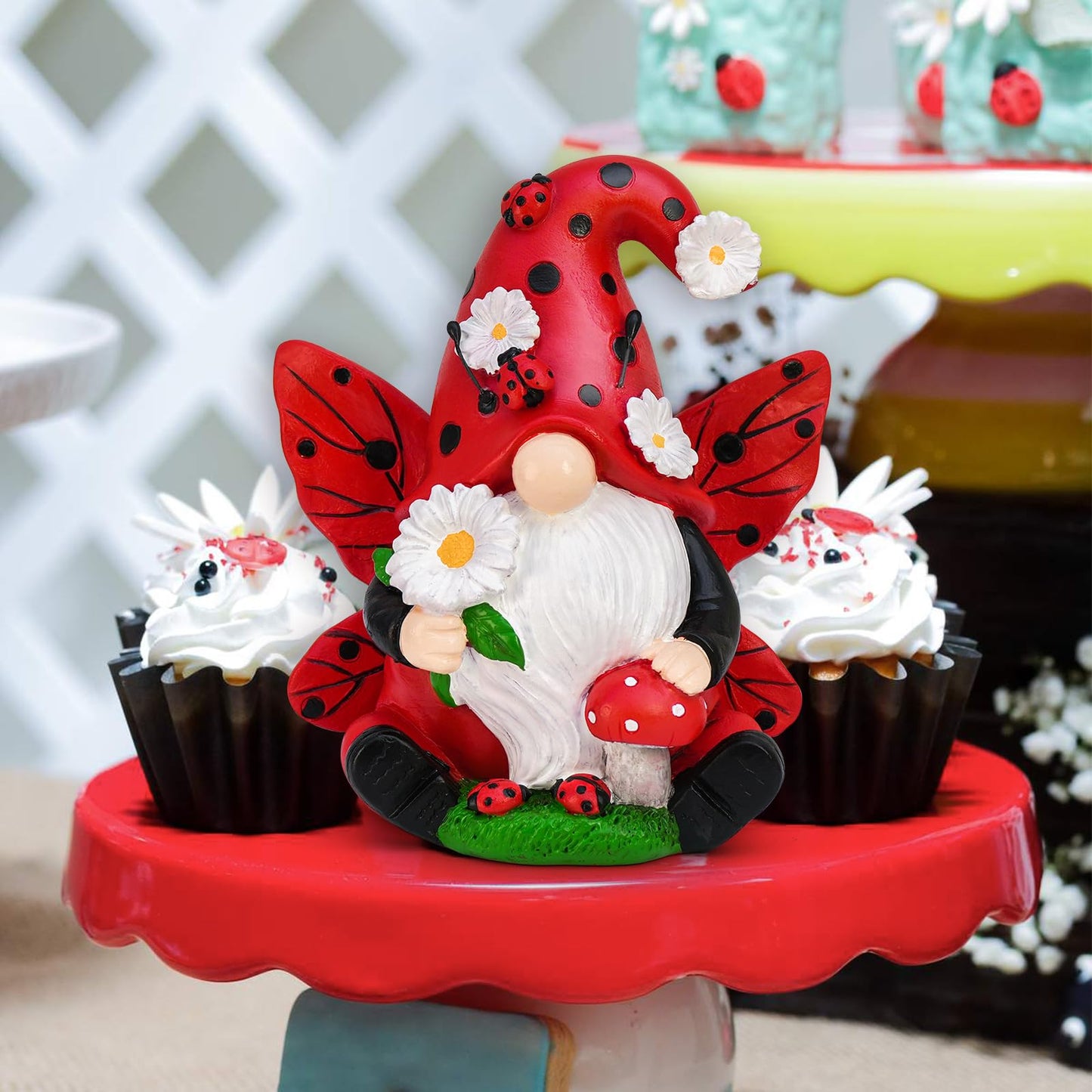 KnomeKo Ladybug Gnome Garden Decor, Fairy Gnome Figurine with Flowers, Spring Summer Outdoor Garden Decorations for Yard Lawn Patio, Garden Gifts for Women