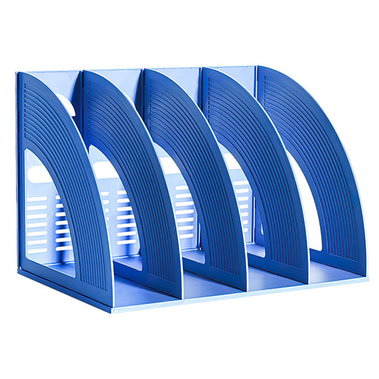 SAYEEC File Holder Storage Folder 4 Compartment Standing Desktop Hollow Organizer Blue Files Shelf Frame Thicken Plastic Paper Notebook Magazine Bookstore for Office School Supplier Students